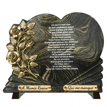 Plaque Funéraire Prestige sur pieds "Coeur Or et fleurs"